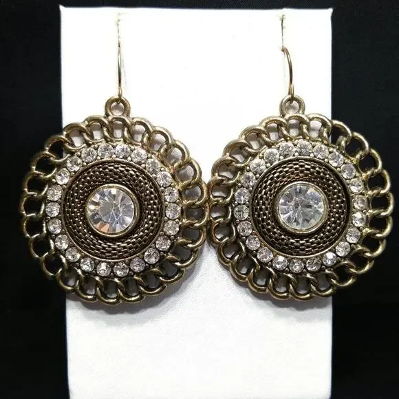 Vintage Clear Rhinestones Mesh Link Chain Round Drop Earrings, 2 Inches - Picture 1 of 8